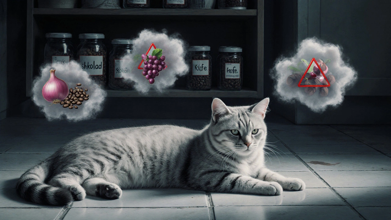 Больная кошка лежит на полу, вокруг неё — токсичные облака лука, винограда и кофе.