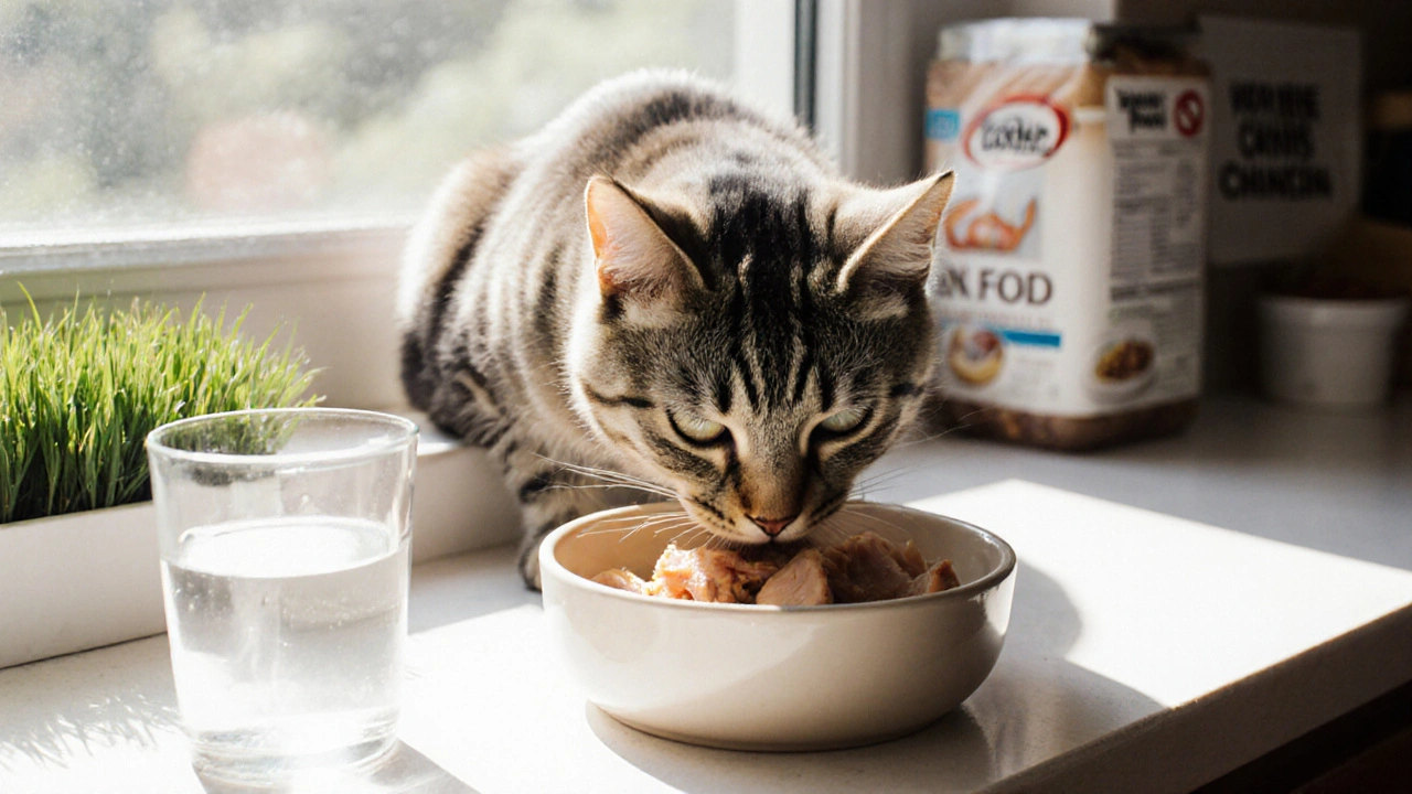 Кошка спокойно ест варёную курицу из миски на солнечном подоконнике.