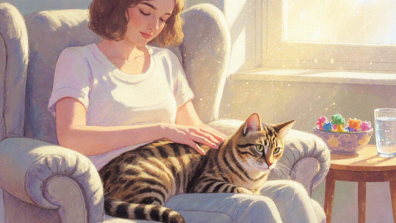 Человек нежно гладит кота на диване в солнечном уголке комнаты.