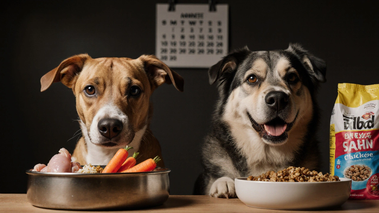 Две собаки рядом: одна ест натуральную еду, другая — сухой корм, показывая контраст здоровья.