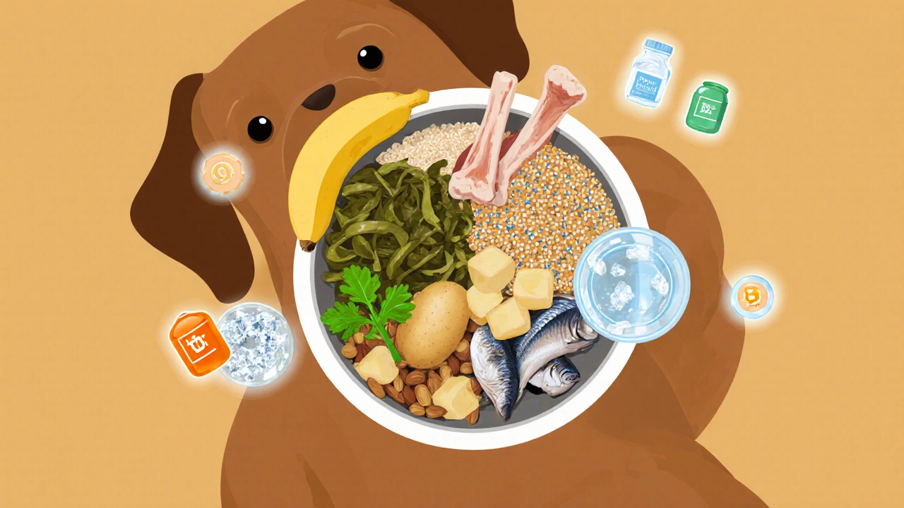Кормящая миска, наполненная костными частицами, рыбой, бананом и витаминами, показывает питательные элементы.