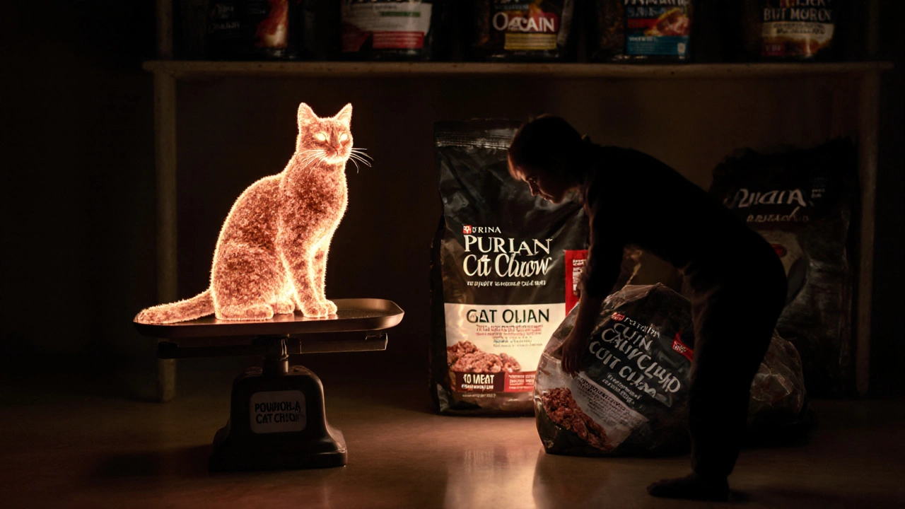 Кошка из мясных волокон на весах здоровья, тень мясной муки падает рядом.