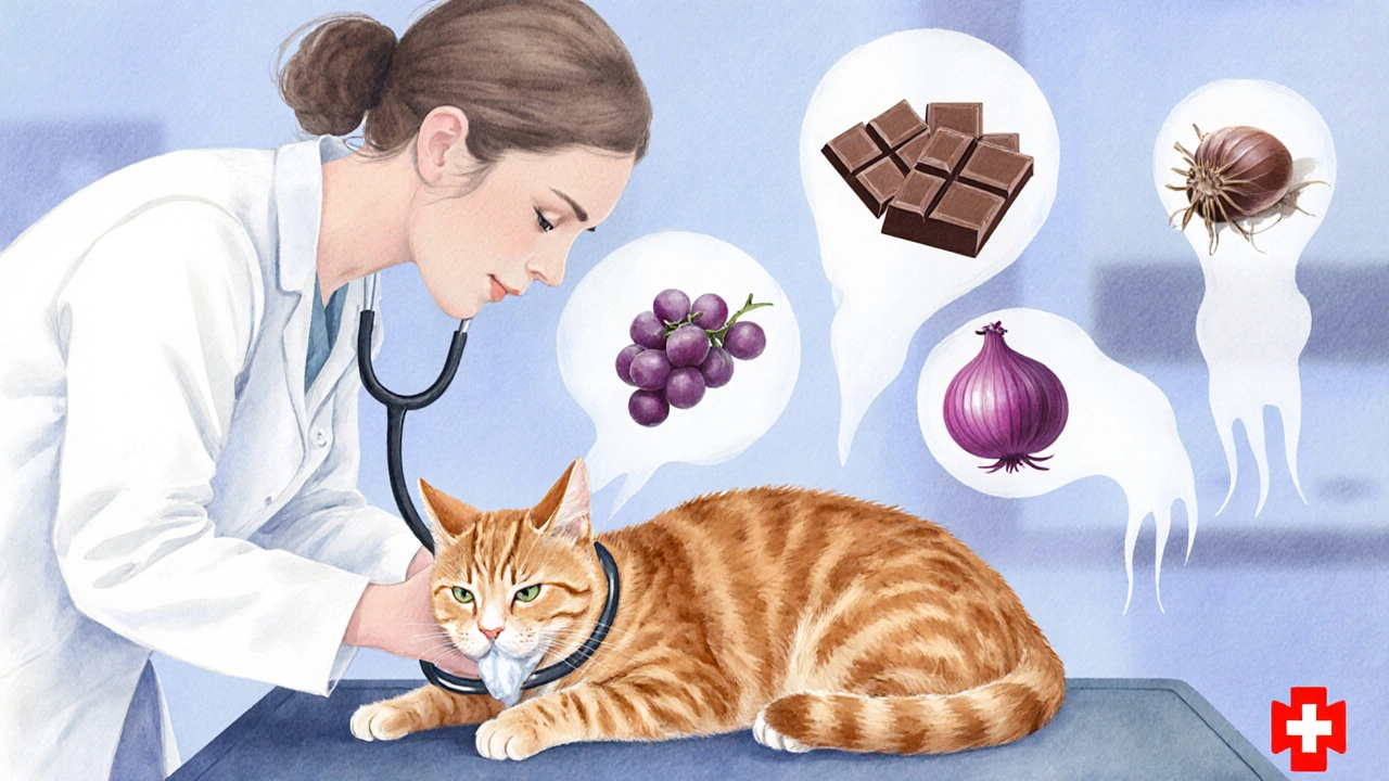 Кот с симптомами отравления, ветеринар осматривает его, рядом видны опасные продукты.