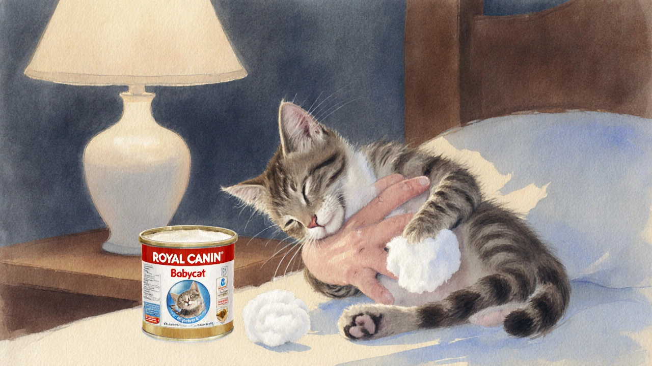 Котёнка массируют ватным диском после кормления, он спит спокойно.