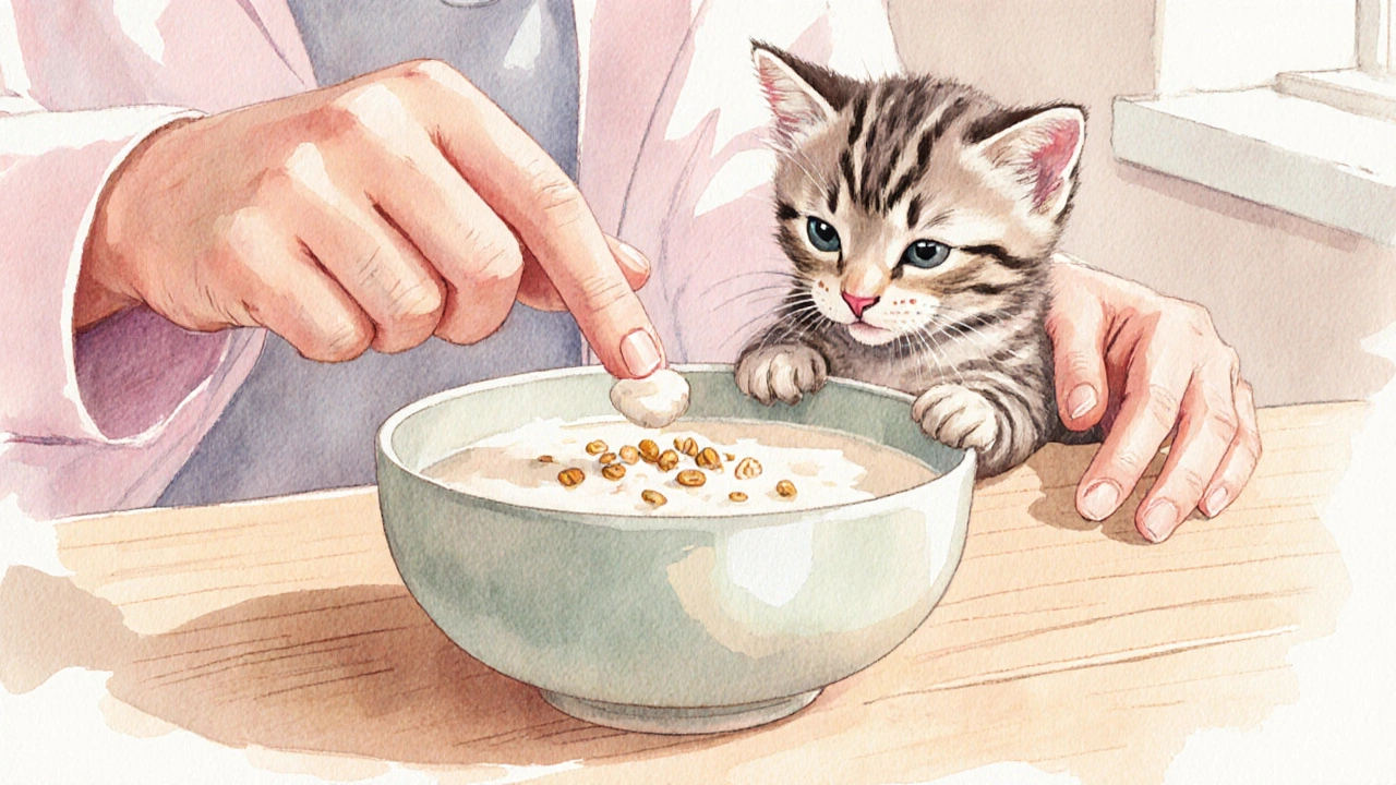 Котёнок пробует мягкую смесь из молока и корма, подаваемую пальцем.