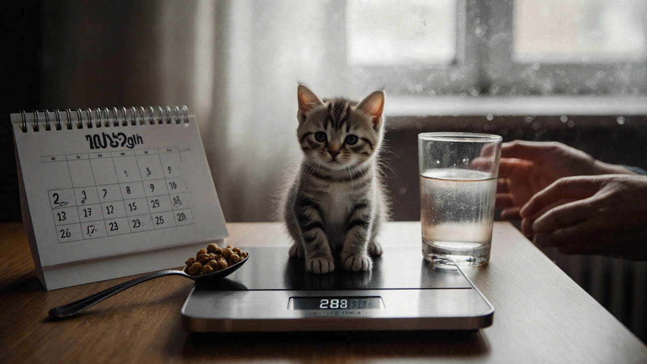 Котёнок весит 280 грамм на цифровых весах рядом с молочной смесью.