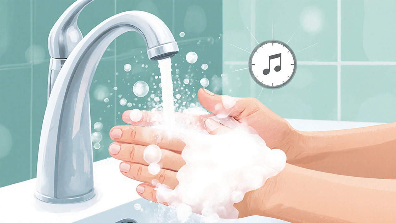 Крупный план рук под проточной водой, покрытых мыльной пеной.