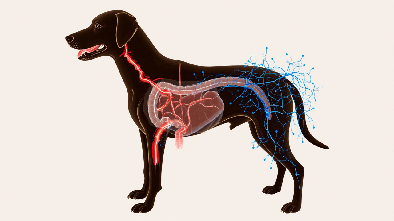Прозрачный рисунок пищеварительной системы собаки с двумя потоками: красным — от глутамата, синим — от натуральной пищи.