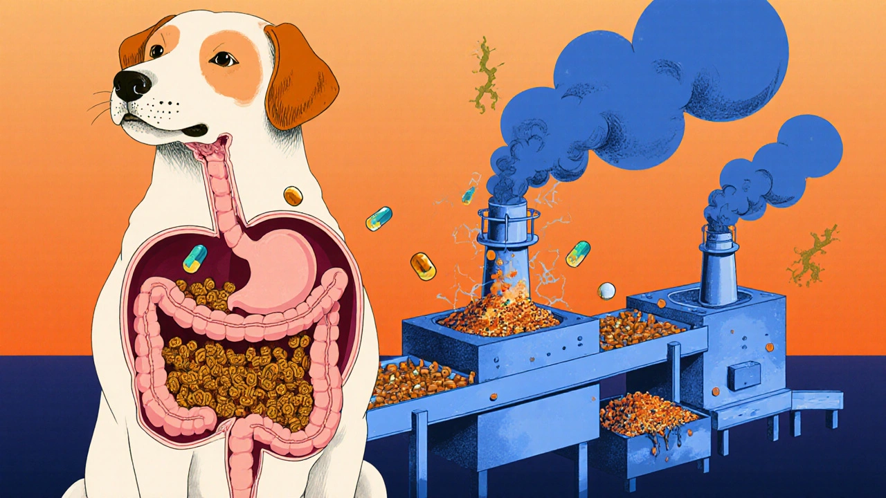 Разрез пищеварительной системы собаки с набухающими гранулами корма и разрушающимися ферментами.