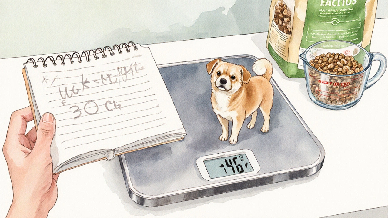 Рука с весами, собака, измерительная чашка и формула на ноутбуке.