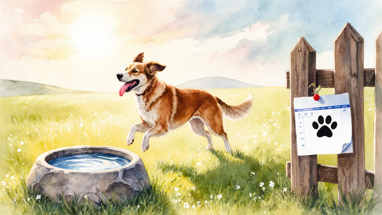 Счастливая собака бегает по лугу, рядом вода и календарь с пометкой визита к ветеринару.