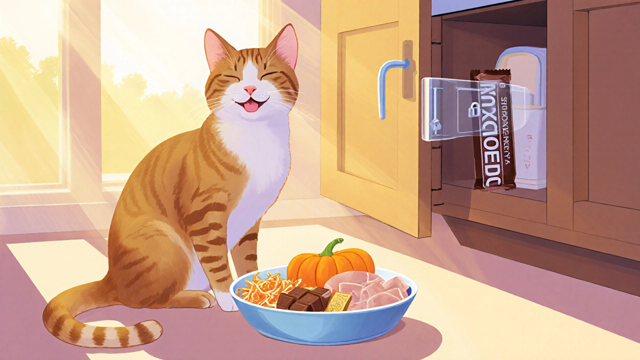 Счастливый кот получает безопасные лакомства, хозяин держит сладости в закрытом ящике.