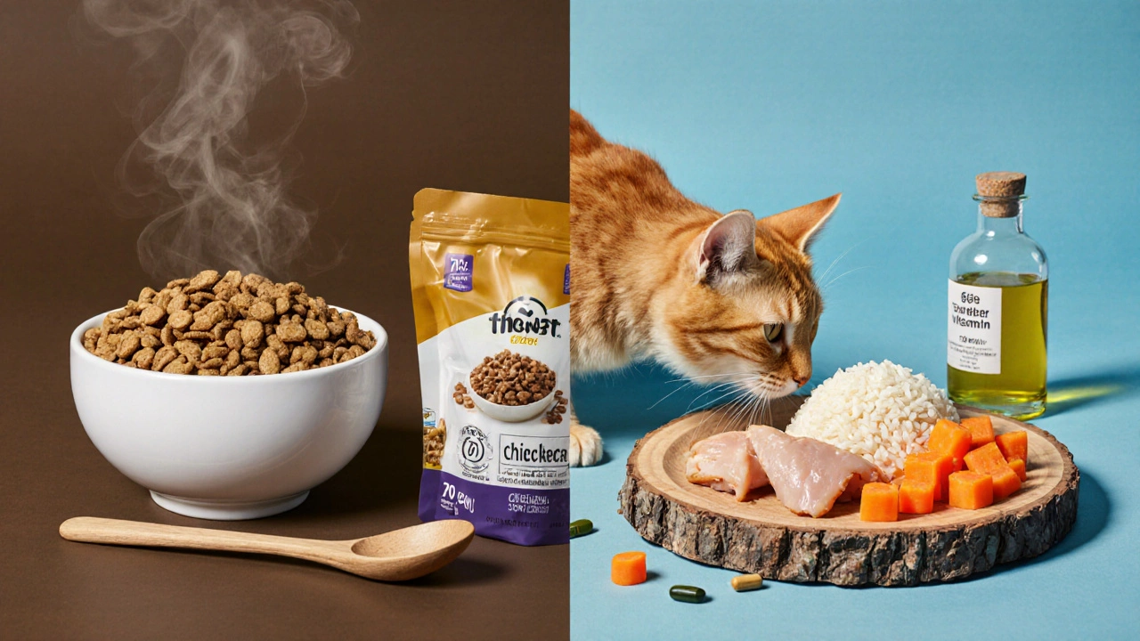 Сцена с двумя тарелками: слева сухой и влажный корм, справа домашняя еда с курицей, рисом, морковью и таурином, кот изучает обе.