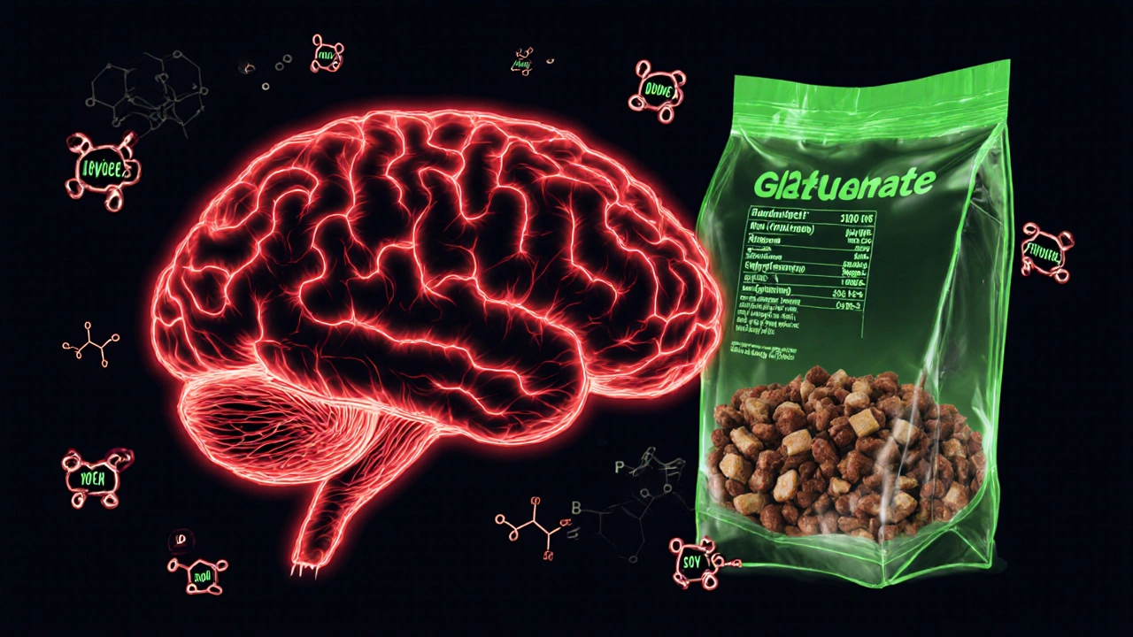 Схематичное изображение мозга собаки с поврежденными нейронами и молекулами глутамата.