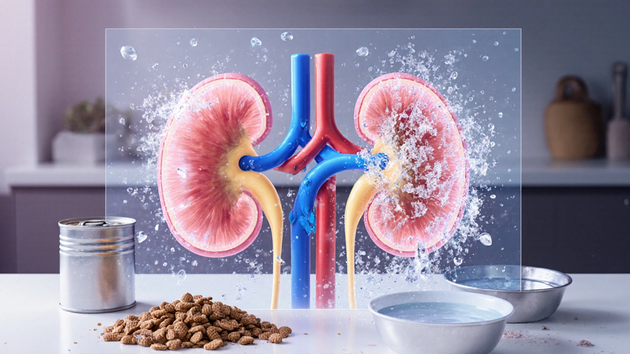 Схематичное изображение почек кошки, увлажнённых водой, в contrast с сухим кормом.