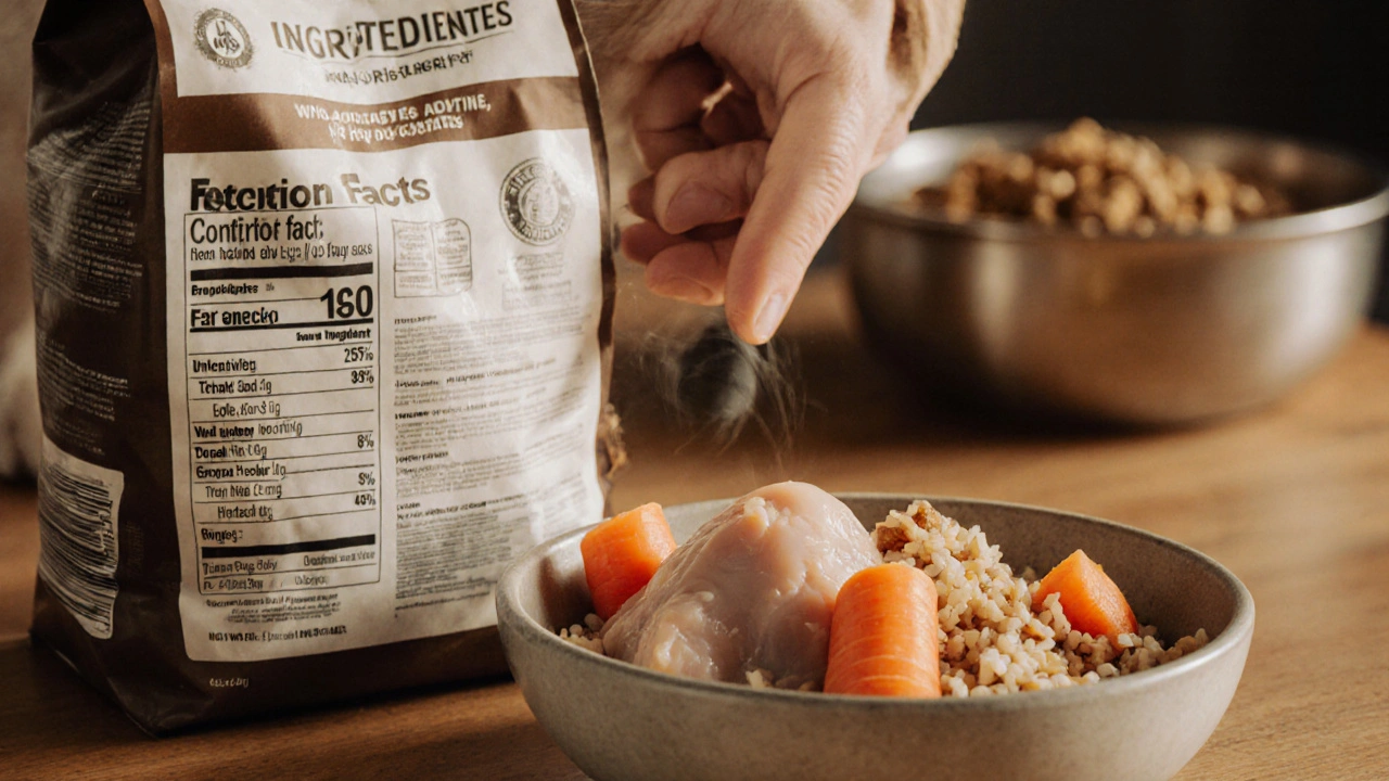 Собака ест натуральную пищу из миски с курицей и овощами на деревянной стойке.