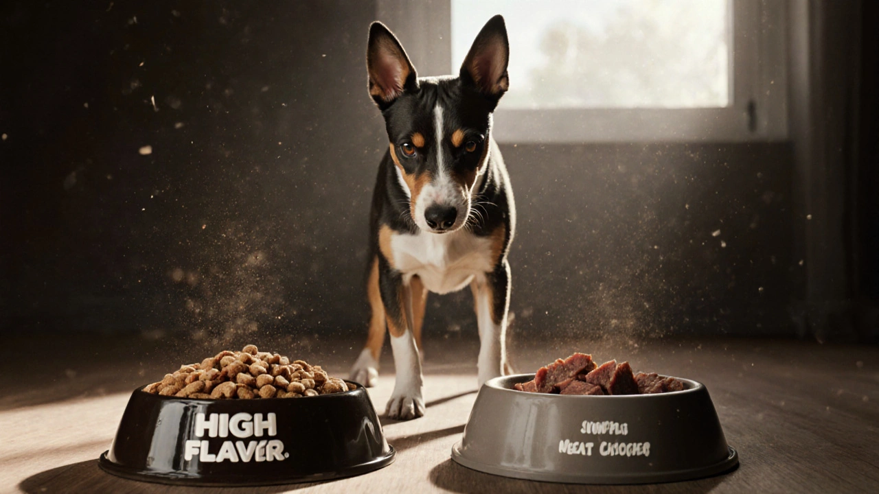 Собака смотрит на две миски с кормом: одну с яркой, искусственной едой и другую с простой, натуральной.