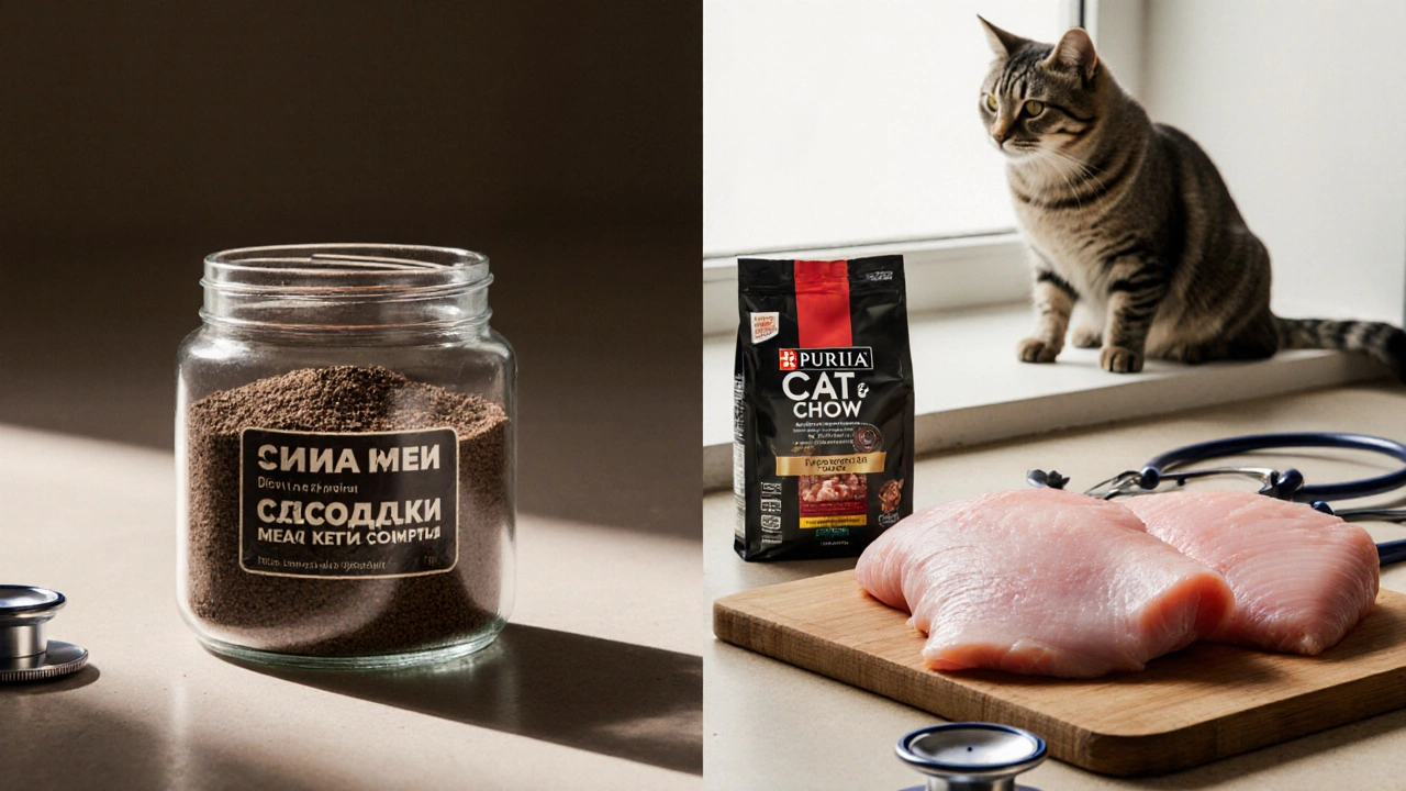 Сравнение свежей курицы и мясной муки рядом с кошкой, наблюдающей за ними.