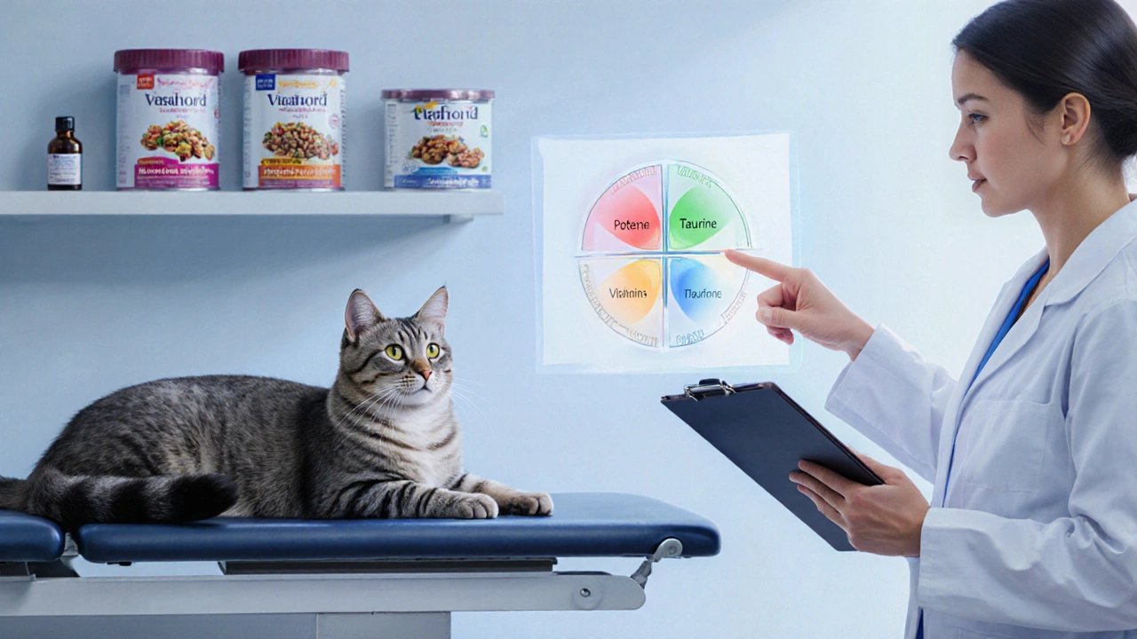 Ветеринар осматривает здорового кота, рядом стоят контейнеры корма и добавки, показывая выбор питания.