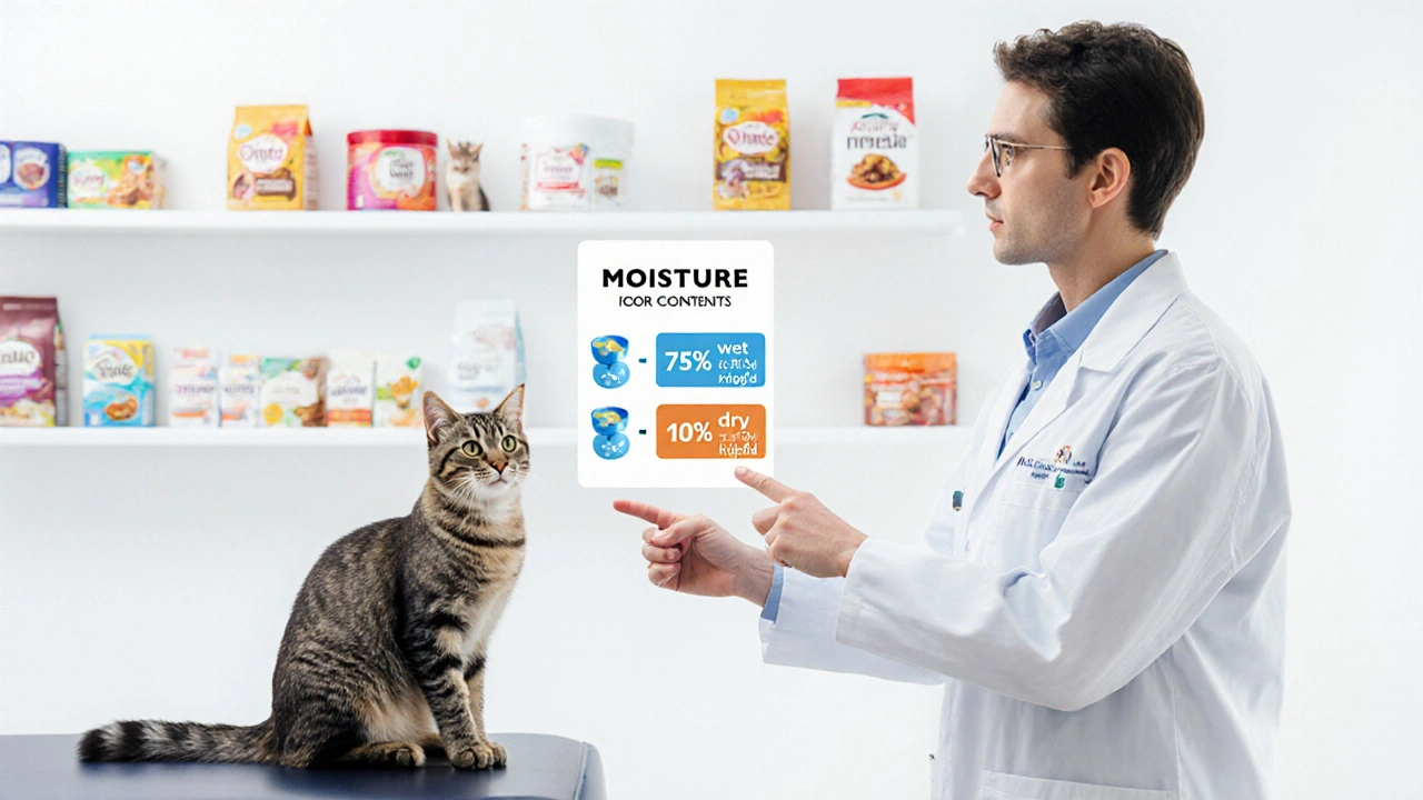 Ветеринар показывает сравнение влажного и сухого корма, кошка на осмотре.