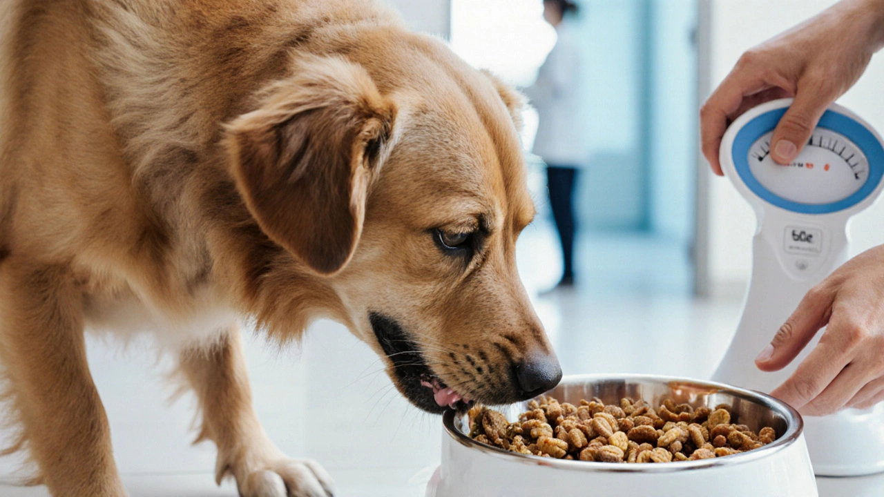Здоровая собака ест смесь сухого и влажного корма, владелец измеряет порцию.