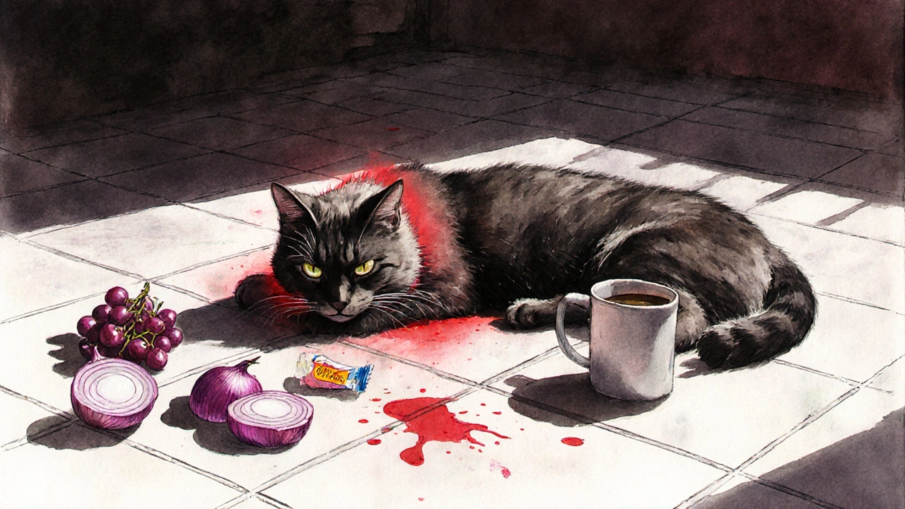 Больная кошка лежит на полу рядом с опасными продуктами.