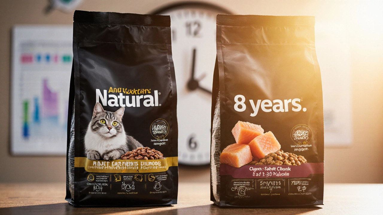 Два корма для кошек: один с неясным составом, другой с курицей и лососем.