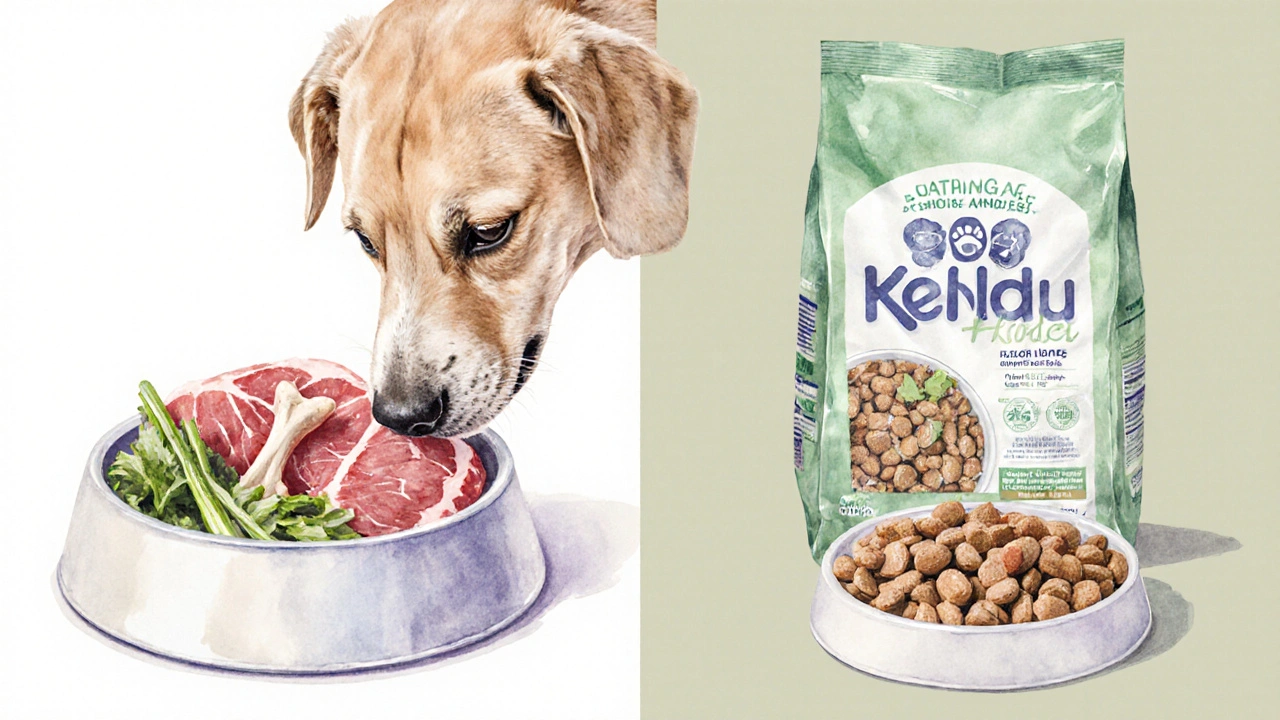 Два миски с едой для собаки: натуральная пища и сухой корм, собака между ними.