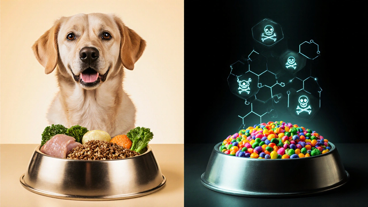 Две миски с кормом: одна с натуральными ингредиентами, другая — с химическими добавками.