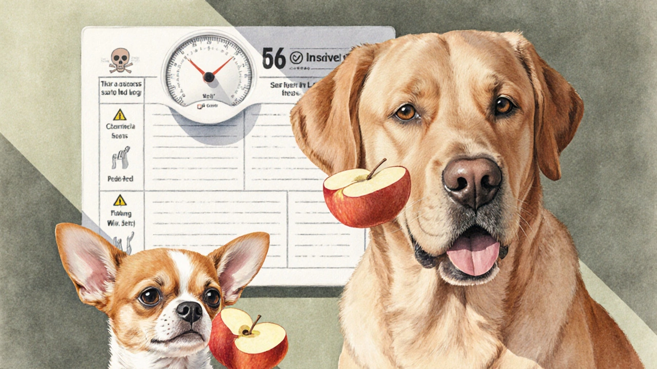 Две собаки разного размера получают разные порции яблока, рядом — диаграмма питания.