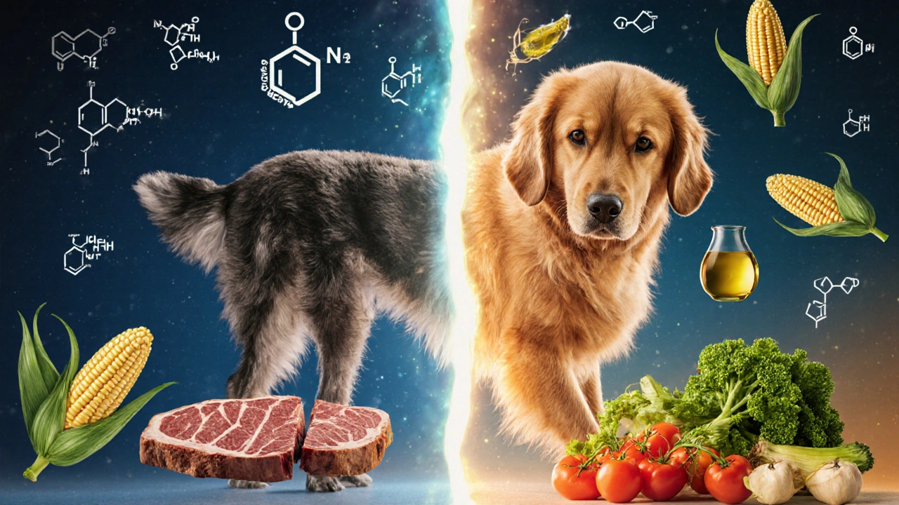 Две стороны собаки: одна болеет от корма, другая здоровая от натуральной еды.