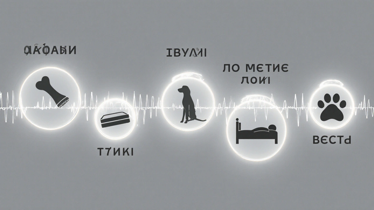 Графические звуки команд для собаки на фоне ассоциаций.