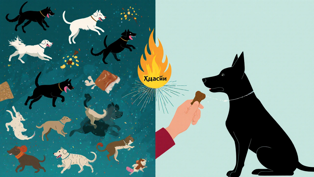 Художественное изображение внутренней борьбы собаки между импульсами и самоконтролем.