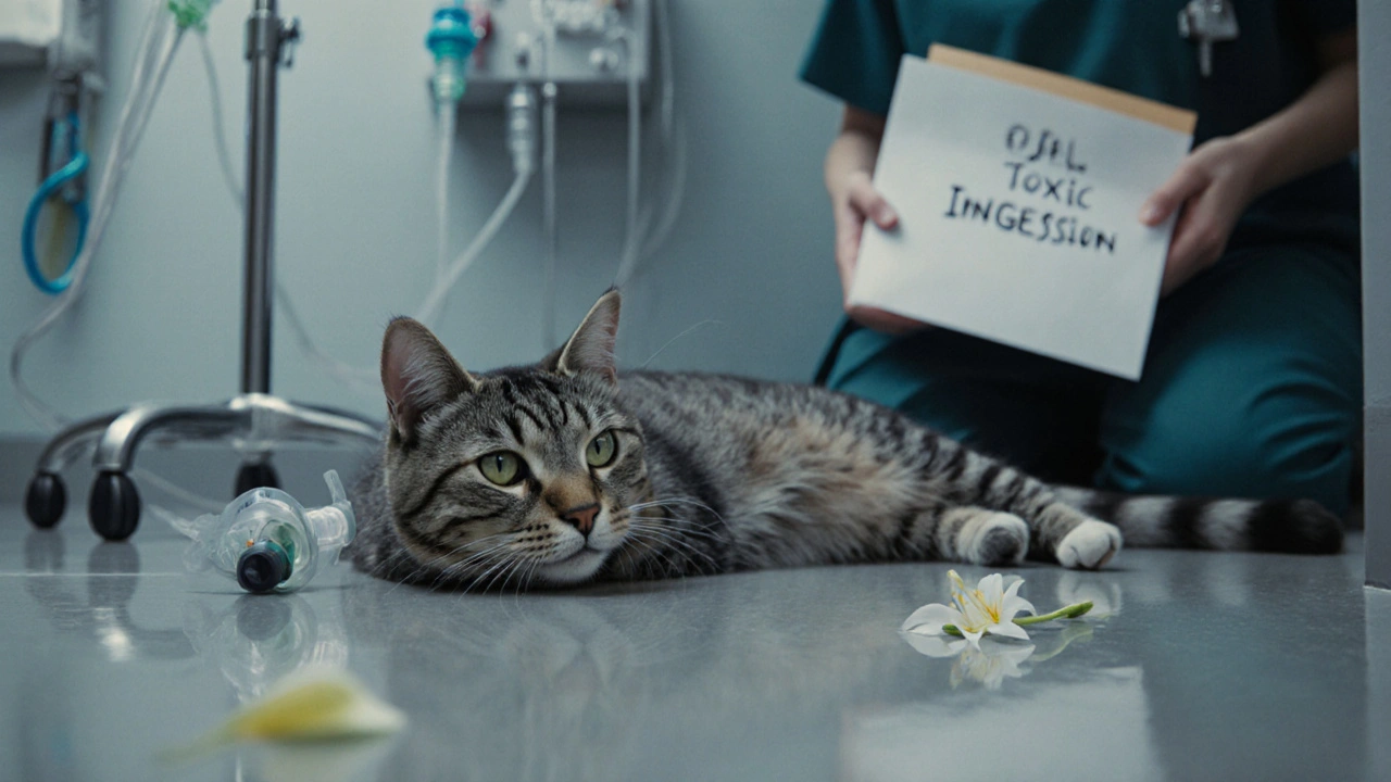 Кошка на полу ветклиники с капельницей, вокруг медицинское оборудование.