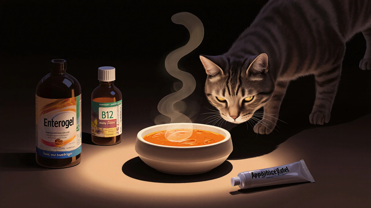 Кошка подходит к миске с тёплой жидкой едой, рядом лежат ветеринарные средства.