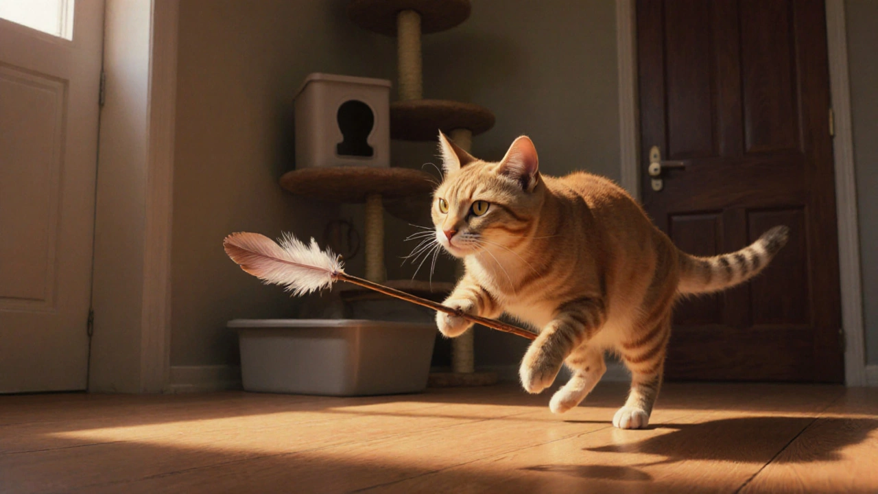 Кошка прыгает на перышко на палочке, рядом — лоток и дерево для кошек.