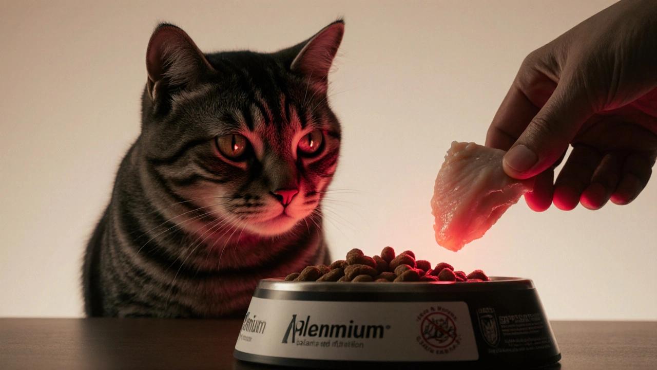 Кошка смотрит на качественный корм, а за спиной — тени варёной курицы.