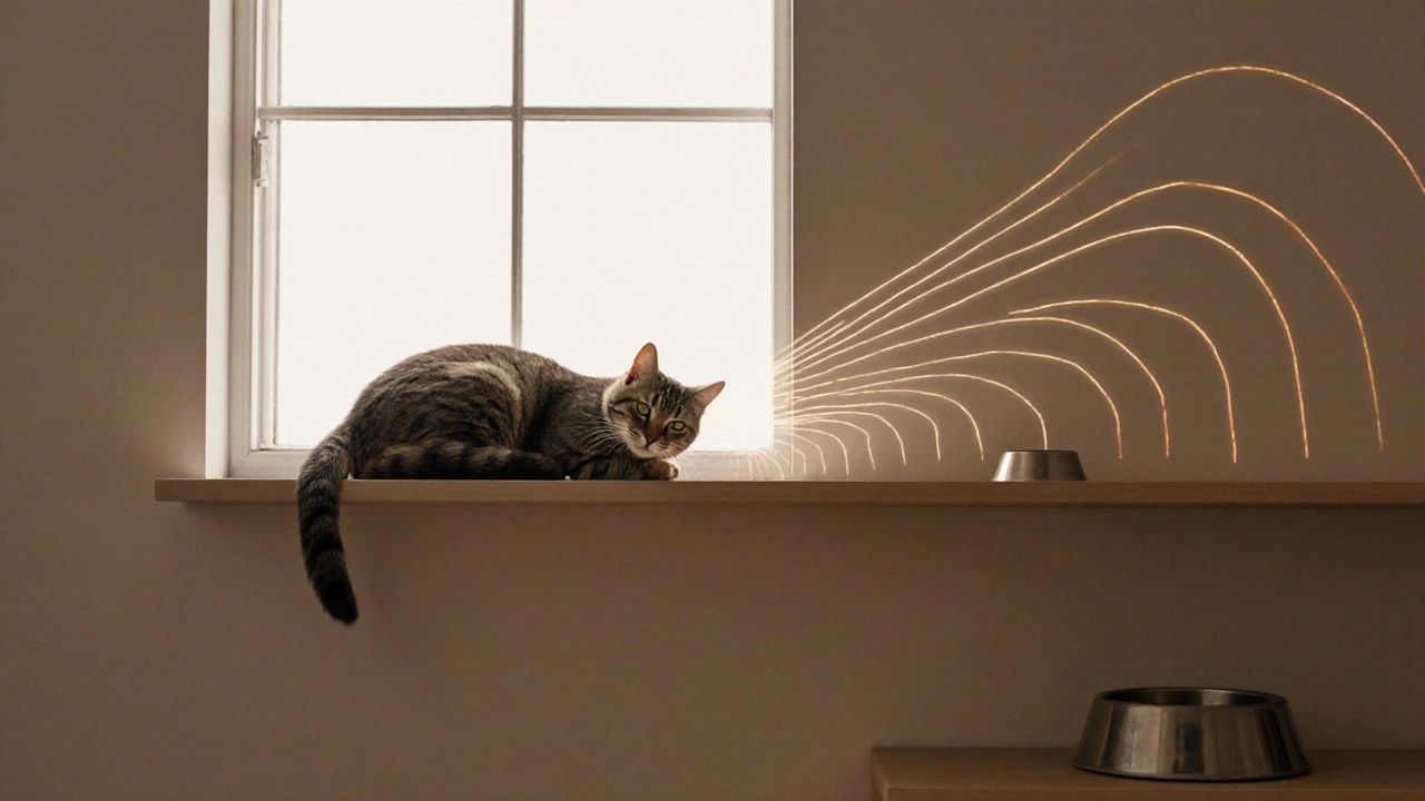 Кошка спит на полке у окна, вокруг — тихие волны безопасности и отсутствие людей.