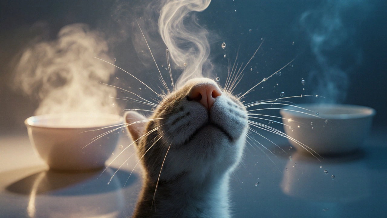 Крупный план носа кошки, обоняющий пар от подогретой пищи.