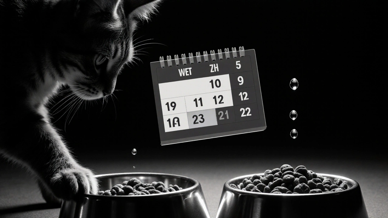 Лапа кошки толкает две миски с кормом, рядом капля воды.