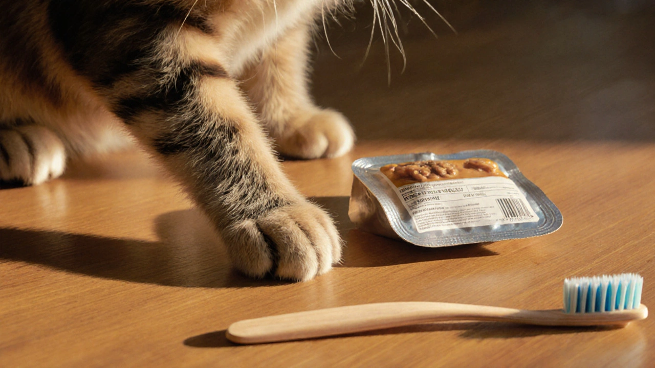 Лапа кошки толкает пустую упаковку паштета, рядом лежит зубная щетка — символ заботы о здоровье.