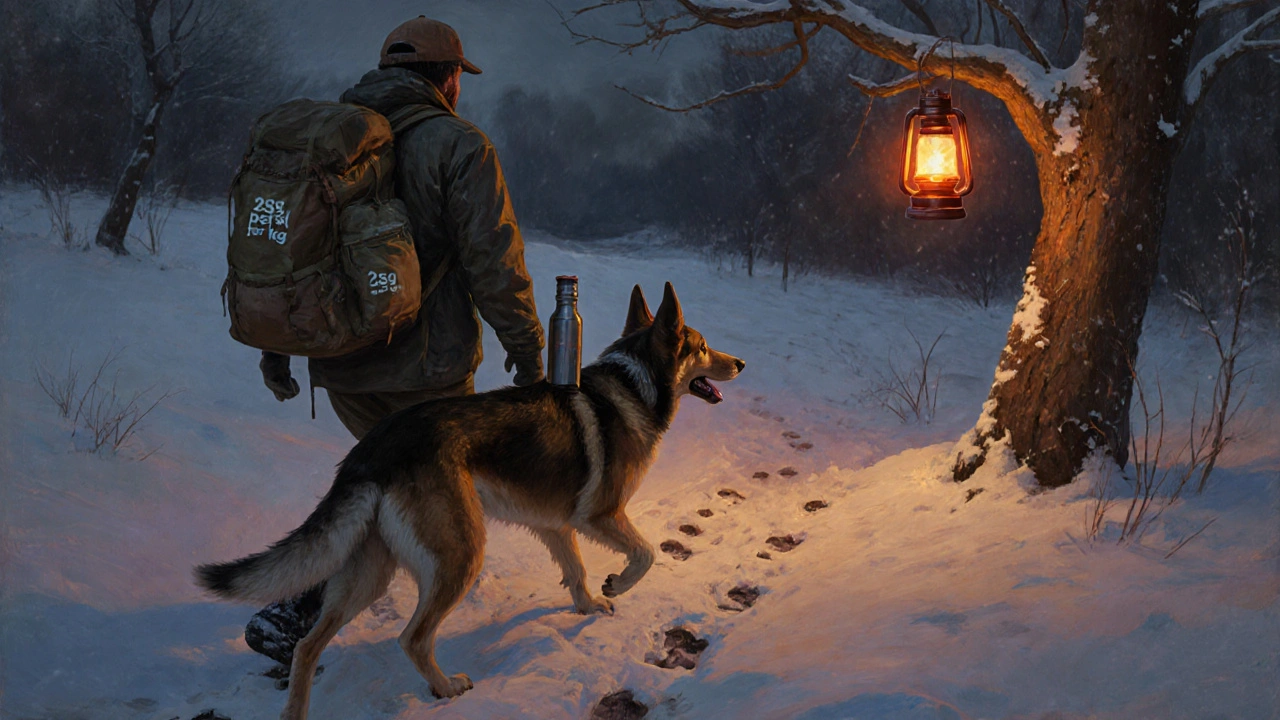 Охотник и собака возвращаются с охоты при закате, собака энергична, на фоне снега