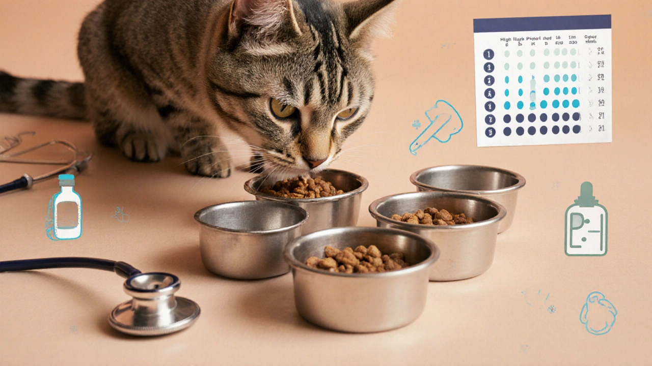 Пожилая кошка ест из четырёх маленьких мисок с высокобелковым кормом.