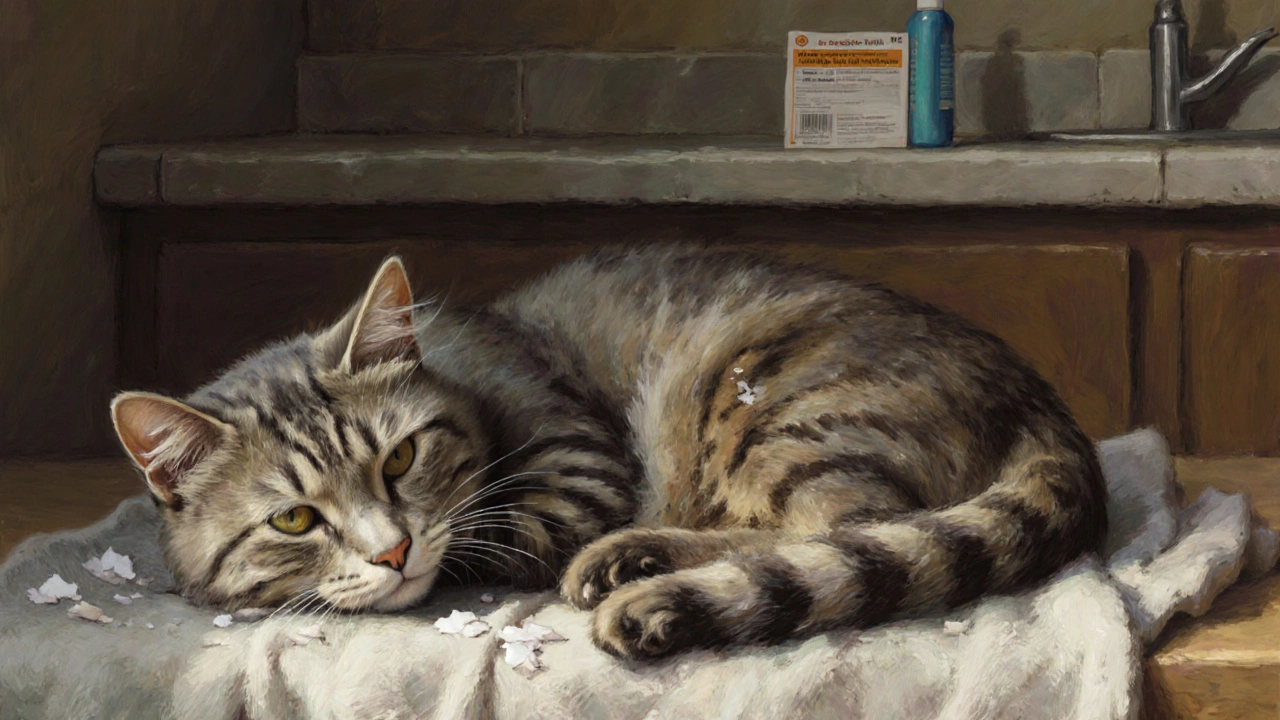 Пожилая кошка лежит на полотенце с признаками плохой гигиены: спутанная шерсть и перхоть, на заднем плане — рецепт ветеринара.