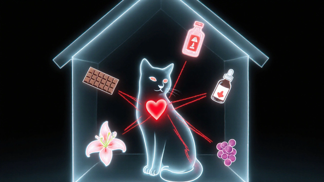 Прозрачная кошка с опасными предметами, окружающими её тело в виде предупреждающих символов.