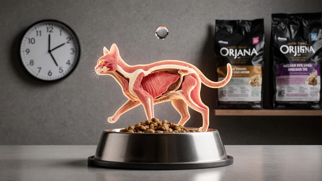 Прозрачное изображение внутреннего строения кошки над сбалансированным рационом из мяса, костей и печени.