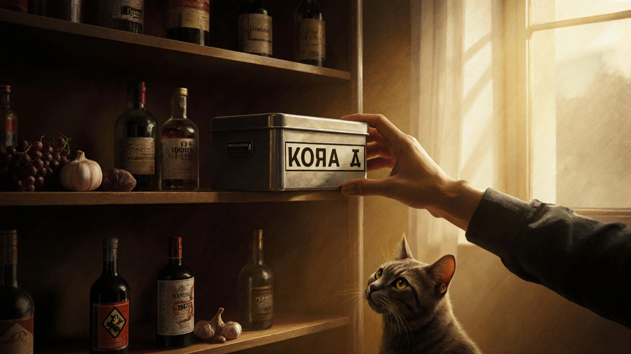 Рука кладет запертую коробку с запрещенными продуктами на высокую полку.