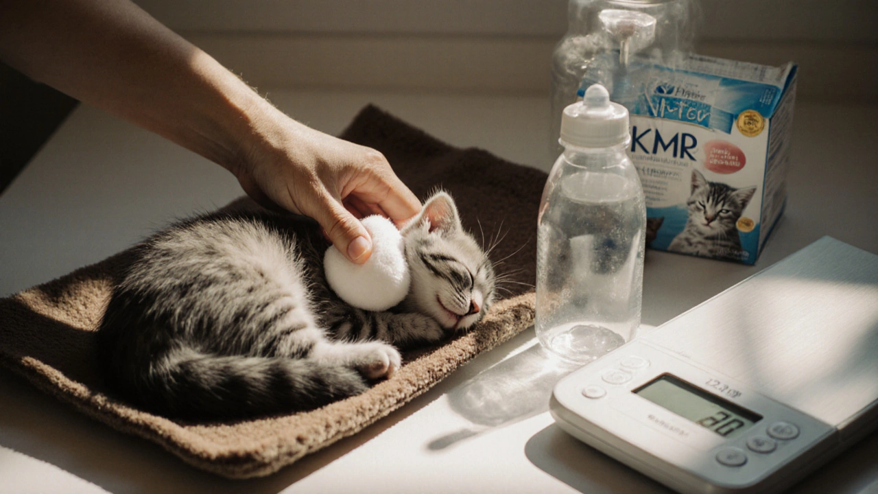 Рука массирует живот котёнка ватным диском, рядом — подогреватель и питание.