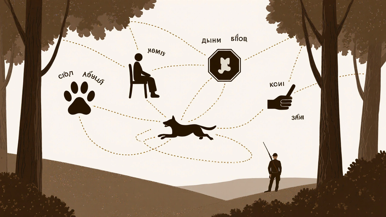 Шесть символов охотничьих команд в виде силуэтов среди деревьев.