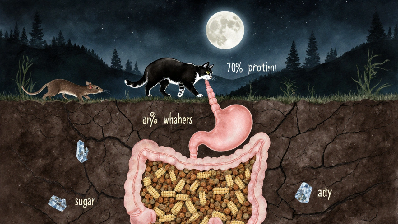 Схема пищеварительной системы кошки: дикая кошка охотится на мышь с высоким содержанием белка, домашняя кошка ест корм с кукурузой и пшеницей.